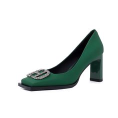 Giada Green Square Toe Heels – zierashop Green Square Toe Evening Heels, Green Square Toe Heels For Evening, Glamorous Leather Square Toe Heels, Green Square Toe Heels For Formal Occasions, Chic Green Square Toe Heels, Glamorous Green Heels With Padded Heel, Elegant Green Square Toe Heels, Green Rhinestone Open Toe Heels, Green High Heels With Rhinestones