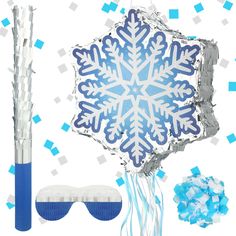 a blue and white snowflake balloon, eyeglasses, and other items