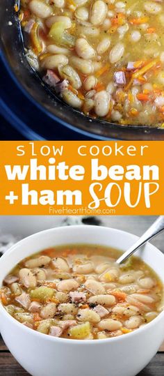 slow cooker white bean and ham soup with text overlay