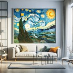 a living room filled with furniture and a painting on the wall above it's couch