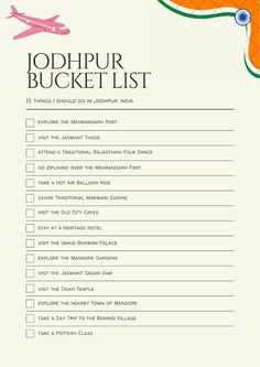 a list with an airplane on it and the words jodhpur bucket list written below