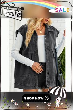 Black Solid Color Pocket Denim Vest Jacket Black Solid Color, Black Solid, Denim Vest, Vest Jacket, Winter Jackets, Fall Winter, Solid Color, Black, Color