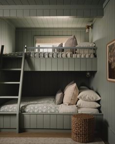 a bunk bed in a room with green walls