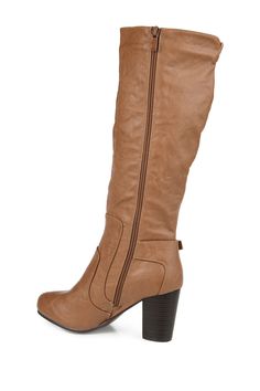 Steal the show this season in heeled boots by Journee Collection. These stylish boots feature tall faux leather shafts that rise mid-calf. Sizing: True to size. Round toe. Inner zip closure. Ankle buckle. Approx. 3" heel height. Approx. 16" shaft height, 15.25" opening circumference. Imported Winter Knee-high Polyurethane Heeled Boots, Winter Knee-high Heeled Boots, Knee-high Polyurethane Heeled Boots For Winter, Wide Calf High Heel Knee-high Boots, Fall Wide Calf Polyurethane Knee-high Boots, High Shaft Faux Leather Boots For Fall, Fall Faux Leather Knee-high Boots, Fall Faux Leather Tall Knee-high Boots, Wide Calf Tall Platform Boots For Fall