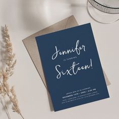 Elegant Modern Minimal Script Sweet 16 Navy Blue Invitation | Zazzle Minimal Birthday Party, Party Typography, Blue Invitation