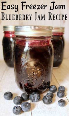 blueberry jam in a mason jar with the words easy freezer jam on it