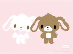 two stuffed animals sitting next to each other on a pink background