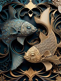 two gold fish in an intricately designed pattern