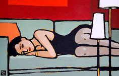 a painting of a woman laying on top of a couch next to a floor lamp