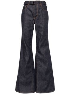 navy blue cotton denim contrast stitching mid-rise belt loops belted waist concealed fly and button fastening classic five pockets flared Mid Rise Flare Jeans, Denim Flare Jeans, Denim Flares, Flared Jeans, Pants Outfit, Denim Pants, Bootcut Jeans, Bell Bottom Jeans, Flare Jeans