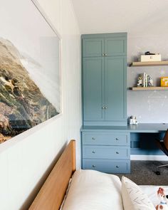 a bedroom with blue cabinets and a bed