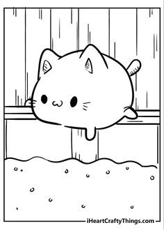 a black and white drawing of a cat peeking out from behind a fence with raindrops