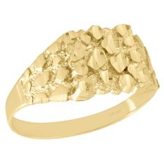 A strong, textured and intricate nugget design creates this bold men's statement / fashion ring. Crafted in real 10K yellow gold, this statement ring is high polished to a bright shine. This dynamic mens fashion pinky ring is the ideal choice for fashion forward men. The pinky ring design was intricately thought out so it can worn for any occasion, no matter how casual or fancy. This ring measures 10.50mm wide at the center and is 2.2 grams of gold. (2.20 gr. of 10K Yellow Gold | Width: 10.50mm Gold Nugget Ring, Mens Rings For Sale, 10k Gold Chain, Engraved Bar Necklace, Mens Rings Fashion, Gold Anklet, Gold Nugget, 18k Gold Jewelry, Men's Jewelry Rings