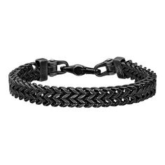 "Add something new and exciting to your daily look with this black ion-plated stainless steel franco chain bracelet. Add something new and exciting to your daily look with this black ion-plated stainless steel franco chain bracelet. Length: 8.5 in. Chain type: franco Metal: stainless steel Plating: black ion-plated Finish: polished Packaging: boxed Please note, due to the high value of this item, a signature may be required upon delivery. Size: 8.5"". Gender: male. Age Group: adult." Black Metal Bracelet With Curb Chain, Black Metal Curb Chain Bracelet, Modern Black Metal Chain Bracelet, Modern Black Metal Cuban Link Bracelet, Black Stainless Steel Bracelet With Curb Chain, Black Metal Chain Bracelet With Stainless Steel Clasp, Black Stainless Steel Curb Chain Bracelets, Modern Black Cuban Link Bracelet, Black Metal Bracelet With Box Chain