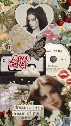 an altered collage with various pictures and words on it's side, including a woman