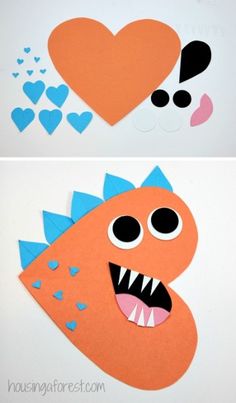 two pictures of different shapes and sizes of paper monsters with hearts on the side, one is