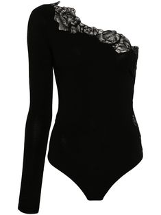 black stretch-jersey lace panelling asymmetric neck one-shoulder single long sleeve ruched detailing high cut thong style hook and eye fastening Black Mesh Top, Black Lace Top, Bodysuit Black, City Dress, Ermanno Scervino, Hook And Eye, Black Lace Tops, Beautiful Clothes