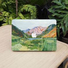 an apple laptop sitting on top of a wooden table in front of some green plants