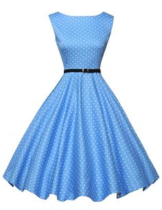 1960s Style Dresses Retro Inspired Fashion Boat Neckline Dress, Vintage Tea Dress, Blue Polka Dot Dress, Robes Vintage, Vintage Dresses 50s, Spotted Dress, Cocktail Dress Vintage, Boat Neck Dress, Belt Dress