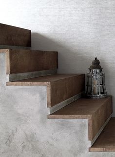 Bindery Wallpaper in Taupe design by Ronald Redding for York Wallcoverings Grey Staircase Wallpaper, Modern Wallpaper Stairs, Grey Wallpaper Up Stairs, Wallpaper Feature Wall Stairs, Wallpaper By Staircase, Wallpaper For Basement Stairs, Floating Concrete Steps Front Door, Cement Stair Treads, Vstupná Hala