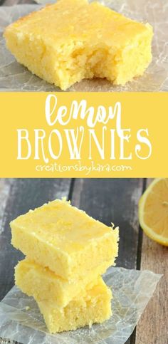 lemon brownies stacked on top of each other with the words lemon brownies above them