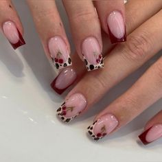 #naildesign #nailart #french #aesthetic Cheetah Nails Cherry, Cheetah Red Nails, Cheetah Nails With Red, Leopard Print And Red Nails, Leopard And Red Nails, Red Cheetah Print Nails, Cherry Nails French Tip, Nails French Tip Design, Red And Cheetah Nails