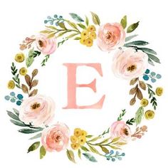 the letter e is surrounded by flowers and leaves