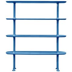 a blue shelving unit with three shelves on each side and one shelf above the other