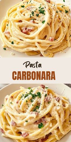 pasta carbonara with parmesan cheese on top and bacon in the middle is shown