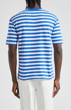 Classic stripes race across this staple cotton T-shirt that can be layered and worn year-round. 26" length (size Medium) Crewneck Short sleeves 100% cotton Machine wash, dry flat Made in Portugal Designer Clothing Blue Cotton T-shirt With Contrast Stripes, Relaxed Fit Crew Neck T-shirt With Horizontal Stripes, Summer Blue T-shirt With Contrast Stripes, Blue Short Sleeve Top With Horizontal Stripes, Summer Crew Neck T-shirt With Three Stripes, Blue Horizontal Stripe Crew Neck Tops, Blue Crew Neck Tops With Horizontal Stripes, Cotton Shirt With Contrast Stripes And Short Sleeves, Cotton T-shirt With Contrast Stripes, Crew Neck