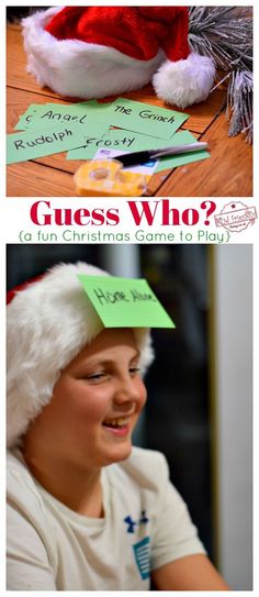 a child wearing a santa hat and writing guess who?