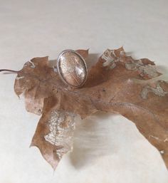 A carefully dried Oak leaf pressed under glass, and set into sterling silver statement ring. A symbol of strength and wisdom in many cultures, the Oak tree has featured prominently in mysticism and medicine.  It's bark is a strong astringent and antiseptic, and can be used instead of Quinine for relief of fevers and high temperatures.  Crushed leaves can be laid on stings or cuts as a poultice that removes inflammation.  Many old remedies perform a 'transference of pain' onto Oak trees, which were considered strong and able to bear the discomfort before they dissipated the pain into the ground through their roots, or into the sky through their branches. This leaf was gathered in the Sierra Nevada mountain foothills, and has been naturally chewed by insects to create an intricate and delica Handmade Magical Silver Rings, Adjustable Silver Jewelry With Natural Inclusions, Nature-inspired Jewelry For Healing With Natural Inclusions, Handmade Leaf-shaped Wedding Jewelry, Handmade Silver Leaf Jewelry, Bohemian Silver Jewelry For Memorial, Handmade Bohemian Jewelry For Memorial, Unique Handmade Memorial Jewelry, Unique Handmade Jewelry For Memorial