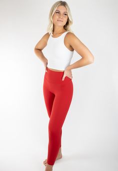 IDEAL FOR: Casual Wear, Dance, HITT, Lifting, Yoga + Pilates + Barre FEELS LIKE: Designed with a buttery soft fabric that offers the perfect amount of stretch and compression. Very Breathable. WHY WE LOVE THEM: Unbelievable flattering. Allow you to move freely while providing full support. EXTRAS: No front seam, which eliminates the camel toe look. Lint & Hair do not attract! Sizing Recommendations are as follows: 0/2-XS 4/6-S 8/10-M/L 12-XL Model Alexa in Bright Red Leggings is 6' and wearing a White Workout Outfit, High Neck Bra, Cute Workout Outfits, Pilates Barre, Lilac Grey, Hair Do, Buttery Soft Leggings, Black Seamless, Legging Fits