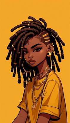 Close-Up Cartoon-Style Image of an African Girl with Dreadlocks and Undercut: A close-up cartoon-style image of an African girl with dreadlocks and an undercut. She has an ear pin and is adorned with gold jewelry, including a thick gold chain and a bracelet. She is wearing a baggy t-shirt with a solid yellow background. Cartoon Character Black Hair, Dreads Cartoon, Woman With Locs Art, How To Paint Dreadlocks, Wicks On Black Women, African Afro Hairstyles For Women, Dreadlocks Drawing, Afro Cartoon, Dreads Art