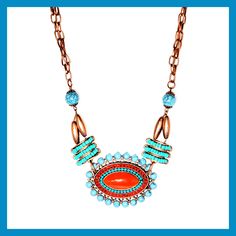 A large central pendant made of natural stones, beads and metal accents will draw the eye and hold everyone's attention on this gorgeous boho-style necklace, made in tones of carnelian and turquoise. Hung on double antiqued brass chains with a mesmerizing pattern, this necklace will be the focal point of any outfit. 18" long with 2" extender and lobster clasp. Central pendant is 2.25" wide by Kole Designs Bohemian Pendant Necklace With Beaded Chain, Bohemian Bronze Beaded Chain Necklace, Bronze Bohemian Beaded Chain Necklace, Bohemian Brass Beaded Necklaces With Natural Stones, Bohemian Beaded Chain Copper Necklaces, Bohemian Copper Beaded Chain Necklaces, Bohemian Copper Necklace With Beaded Chain, Bohemian Carnelian Necklace With Natural Stones, Bohemian Carnelian Pendant Jewelry