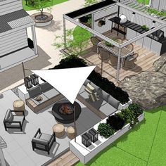 an artist's rendering of a modern house with outdoor living space and patio area