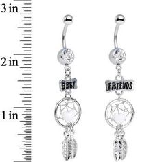 Share your dreams with your best friend when you both wear this delicate dreamcatcher dangle belly button ring set. The stainless steel curved barbell sparkles with a clear gem above the dreamcatcher charm decorated with feathers and banners containing "Best" and "Friends" titles. Specifications 14 Gauge (1.6mm), 7/16" (11mm), 40mm (Length) Charm, 316L Surgical Grade Stainless Steel Curved Barbell, 5mm Ball, Sold as a Pair Unique Belly Rings Bodycandy Body Jewelry, Nickel-free Stainless Steel Belly Rings For Gift, Nickel-free Silver Dangle Belly Rings, Nickel-free Sterling Silver Belly Rings, Dream Catcher Belly Button Rings, Cat Body, Jewelry Promotion, Dangle Belly Rings, Tongue Rings