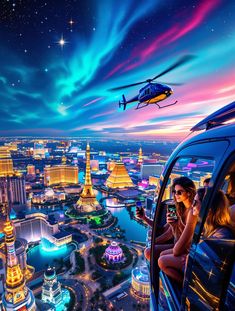 two people sitting in a vehicle looking at their cell phones while flying over the city