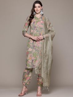 Floral Printed Sequinned Pure Cotton Kurta With Harem Pants & Dupatta PRODUCT DETAILS  Olive green printed Kurta with Harem Pants with dupatta Kurta design: Floral printed Straight shape Regular style V-neck, three-quarter regular sleeves Sequinned detail Calf length with straight hem Pure cotton machine weave fabric Harem Pants design: Printed Harem Pants Elasticated waistband Slip-on closure Size & Fit The model (height 5'8) is wearing a size S Material & Care Kurta Fabric: Pure Cotton Bottom Same Print Kurta And Pants, Pista Green Floral Print Sets For Spring, Printed Dupatta For Spring, Green Sets With Dupatta For Spring, Fitted Green Salwar Kameez For Spring, Traditional Green Pant Set For Summer, Green Floral Print Pant Set For Spring, Printed Fitted Dupatta For Spring, Fitted Pant Set With Dupatta For Spring