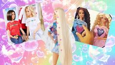 barbie dolls are featured in this collage with hearts and sparkles on the background