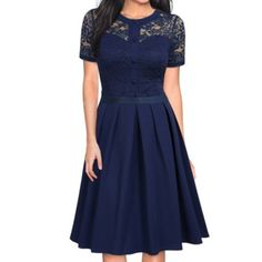 Nwot Women's Vintage Round Neck Floral Lace Contrast Short Sleeves Cocktail Party Midi Dress. Size Xl Color Navy Blue. Bust/Chest- 38" Waist- 34" Length- 40" Blue Lace Patchwork Midi Dress For Spring, Blue Fitted Dress With Lace Patchwork, Lace Pleated Midi Dresses, Elegant Blue Dress With Lace Patchwork, Elegant Blue Midi Dress With Lace Patchwork, Fitted Lace Midi Dress With Pleats, Pleated Lace Midi Dresses, Fitted Lace Pleated Midi Dress, Blue Midi Dress With Lace Patchwork