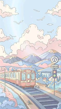 the train is traveling down the tracks through the mountains and clouds in this painting style