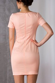 "Beautiful light pink pencil dress by Tavrovska! - Boat neck - Pencil fitted silhouette - Above the knee lenght (mini) - Short sleeve - Soft pink color. Fabric: cotton - 30%, viscose - 20%, polyester - 35%, polyamide - 10%, elastan - 5% Hidden zipper on the back (YKK) For Size S: dress length - 33\", sleeve length - 7\". Model's height: 67\" (171 cm). MORE DRESSES: https://www.etsy.com/shop/TAVROVSKA?ref=hdr_shop_menu SIZE CHART XS | EU 34 | US 4 (out of stock) bust: 31,5\" | 80 cm waist: 24,5\" Pink Knee-length Bodycon Dress, Pink Short Sleeve Elegant Bodycon Dress, Pink Fitted Knee-length Bodycon Dress, Pink Short Sleeve Bodycon Dress, Elegant Pink Short Sleeve Bodycon Dress, Feminine Fitted Bodycon Dress For Work, Fitted Pink Midi Dress For Work, Feminine Fitted Short Sleeve Bodycon Dress, Short Sleeve Feminine Bodycon Dress For Formal