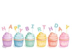 cupcakes with candles and the words happy birthday written on them in watercolor