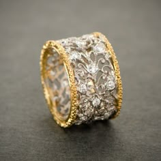 A lovely intricate vintage Buccellati wedding band. Circa 1970. Luxury Formal Filigree Ring With Rose Cut Diamonds, Luxury Formal Filigree Ring With Single Cut Diamonds, Luxury Gold Diamond Ring With Intricate Design, Elegant Gold Filigree Ring With Brilliant Cut, Elegant Ceremonial Diamond Ring, Elegant Gold Filigree Ring With Single Cut Diamonds, Gold Filigree Ring With Single Cut Diamonds, Luxury Yellow Gold Diamond Ring With Filigree, Luxury Wedding Diamond Ring With Decorative Band