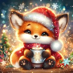 a cute little fox wearing a santa hat and holding a cup