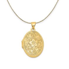 Show Off Your Loved Ones And Keep Them Close With A 14k Yellow Gold Oval-Shaped Locket That Opens To Hold Two Small Photos Or Keepsakes. It Features A Textured Scroll And Flower Design That Is Approximately 16mm (5/8 Inch) In Width By 21mm (13/16 Inch) In Length. Includes A 24 Inch Long, 0.9mm Wide, Solid 14k Yellow Gold Cable Chain With A Spring Ring Clasp. Tiny Charm, Gold Locket, Bow Jewelry, Jewelry Lookbook, Small Photos, Bead Bracelets, Small Pendant, Shell Pendant, Jewelry Companies