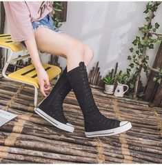 Knee High Canvas Sneakers Casual Knee-high Boots With Laces, Casual Knee-high Lace-up Boots, Trendy High-top Lace-up Boots For Streetwear, Spring High-top Lace-up Boots With Zipper Closure, Spring High-top Lace-up Boots With Zipper, Spring High-top Lace-up Boots, Casual High Ankle Lace-up Boots With Zipper, Casual Lace-up Boots With Zipper Closure, Casual Knee-high Boots For Streetwear