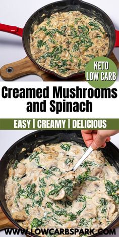 two pictures showing how to make creamy mushroom and spinach gravy in a cast iron skillet