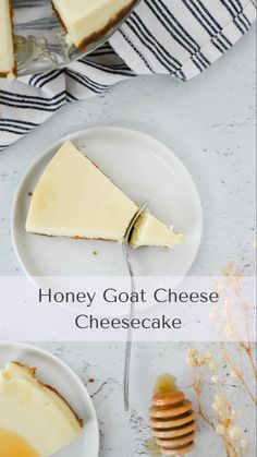 honey goat cheese cheesecake on a white plate